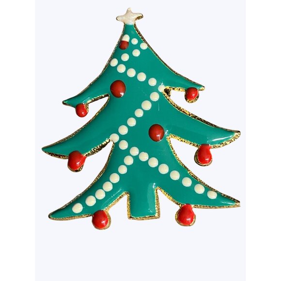 Vintage Christmas Tree Enamel Brooch Pin With Red & White Accents - Picture 2 of 8